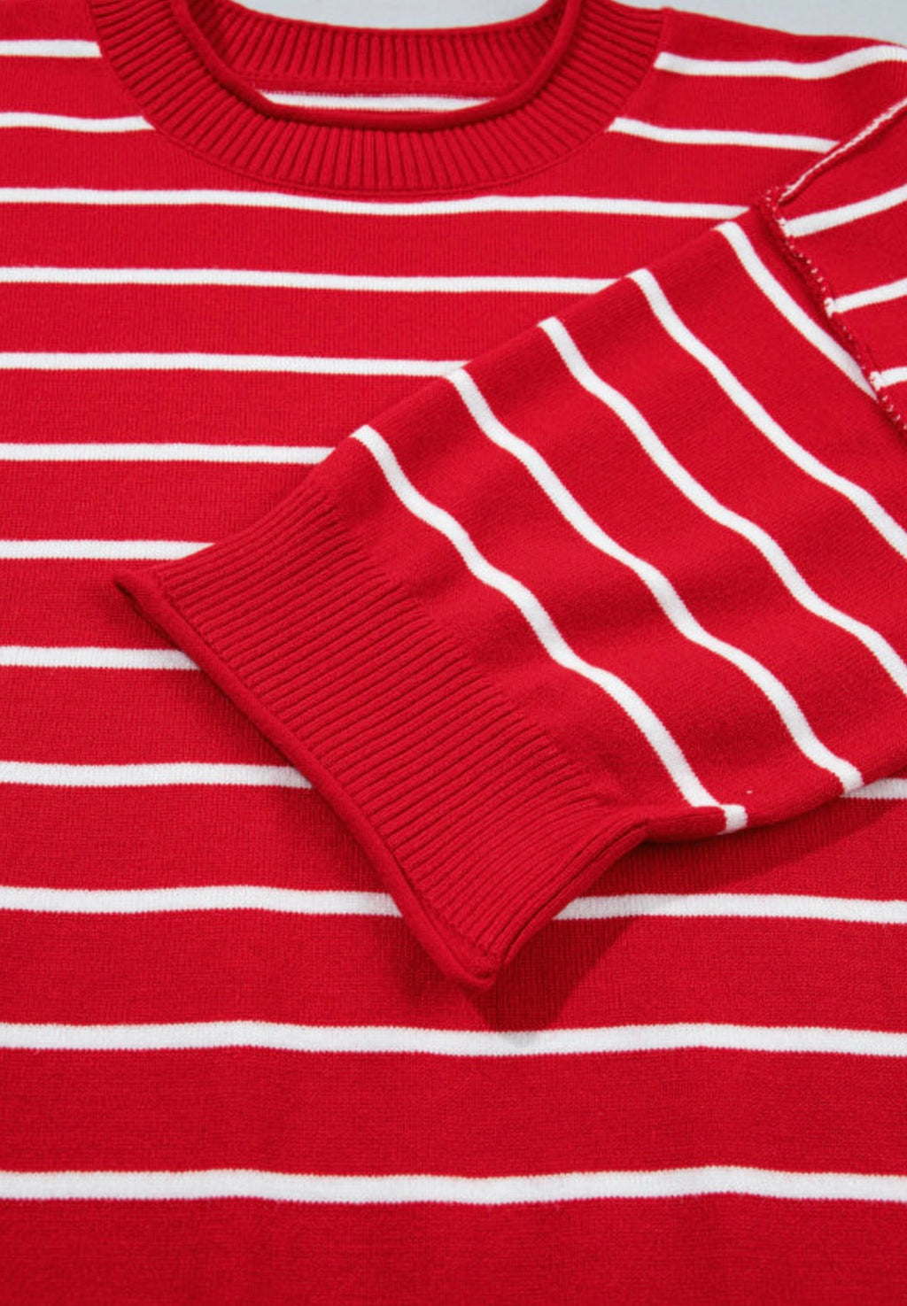 Red Stripe Dropped Shoulder Half Sleeve Relaxed Knit Sweater