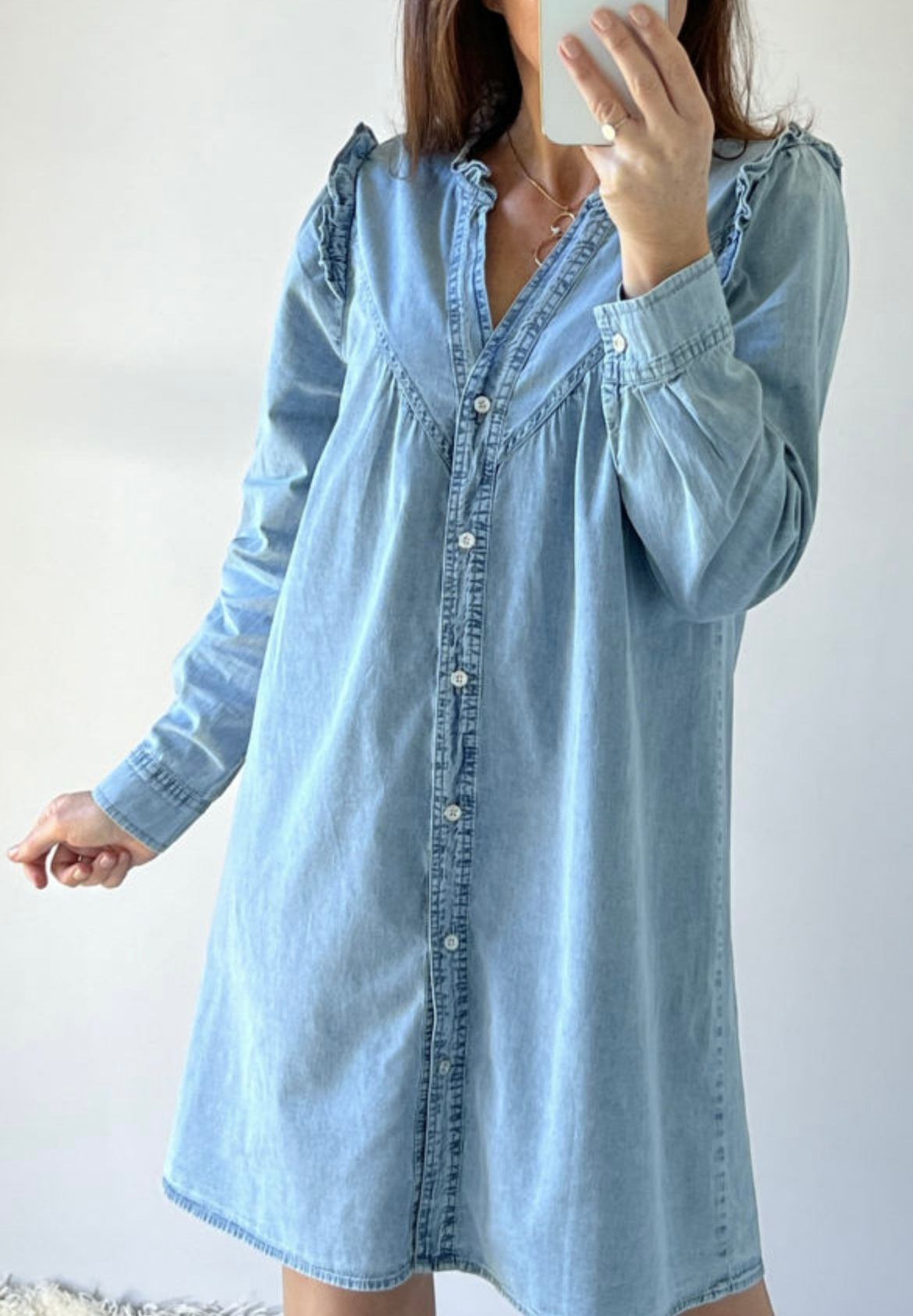 Ruffled V Neck Denim Long Sleeve Dress