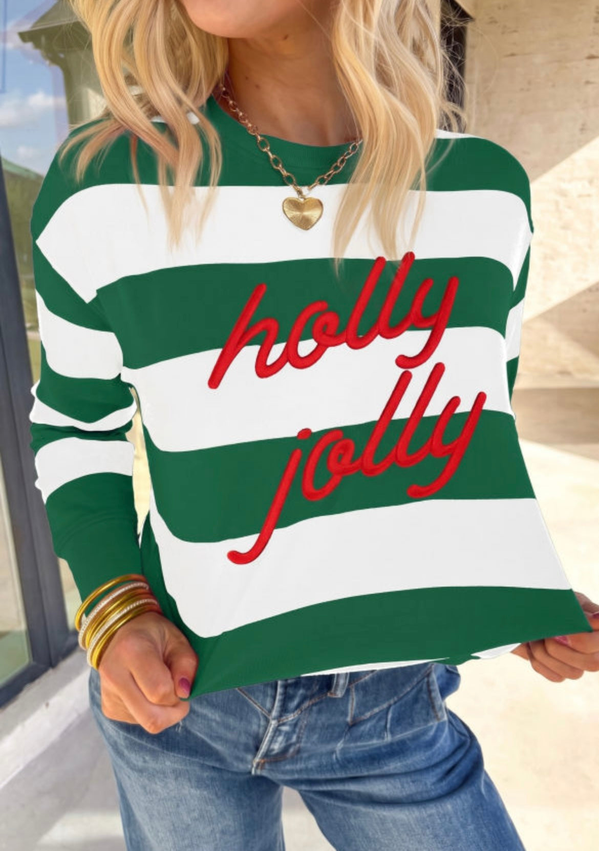 Green Stripe holly jolly Letter Embroidered Pullover Sweatshirt