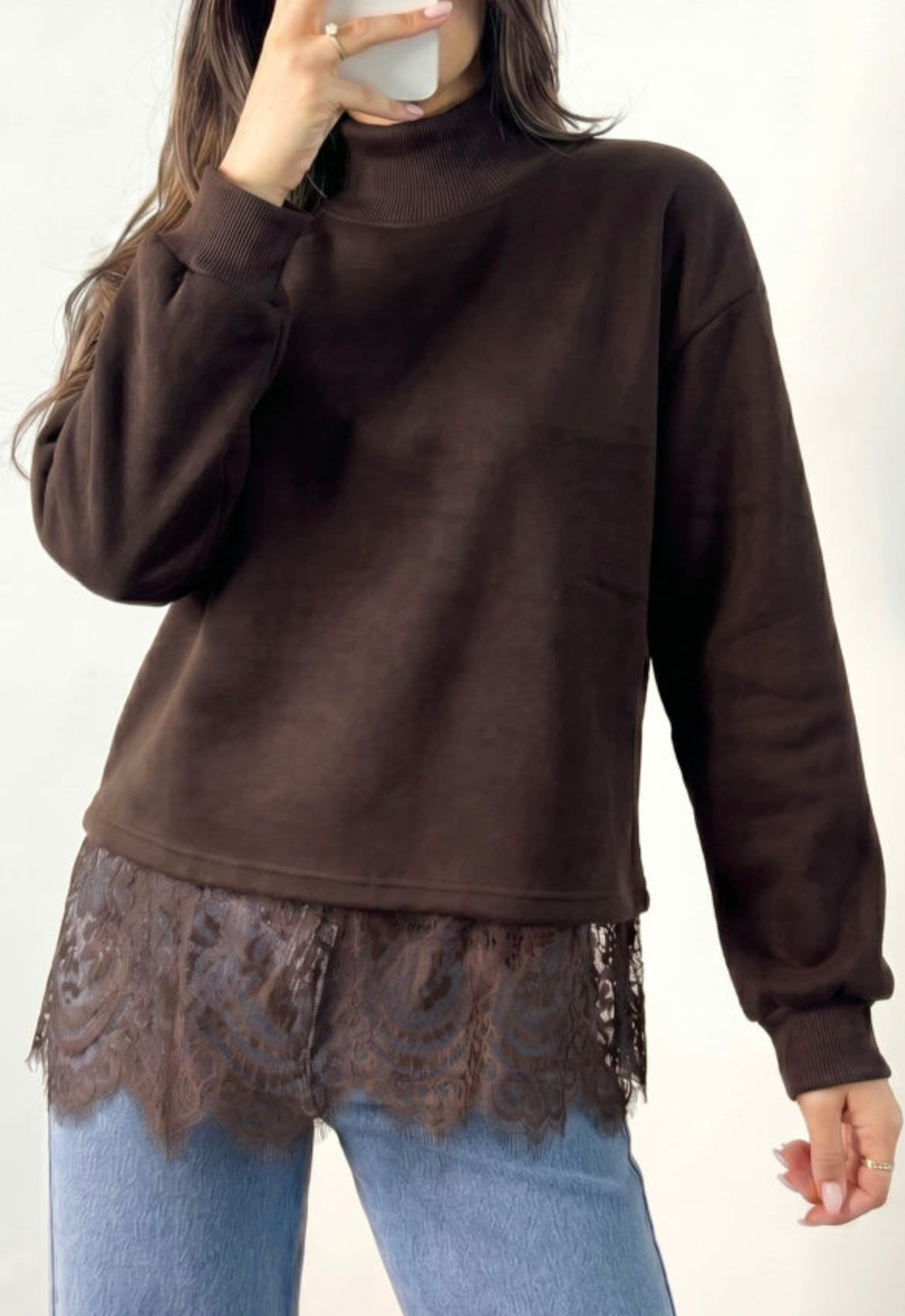 Coffee Solid Color High Neck Lace Hem Sweatshirt