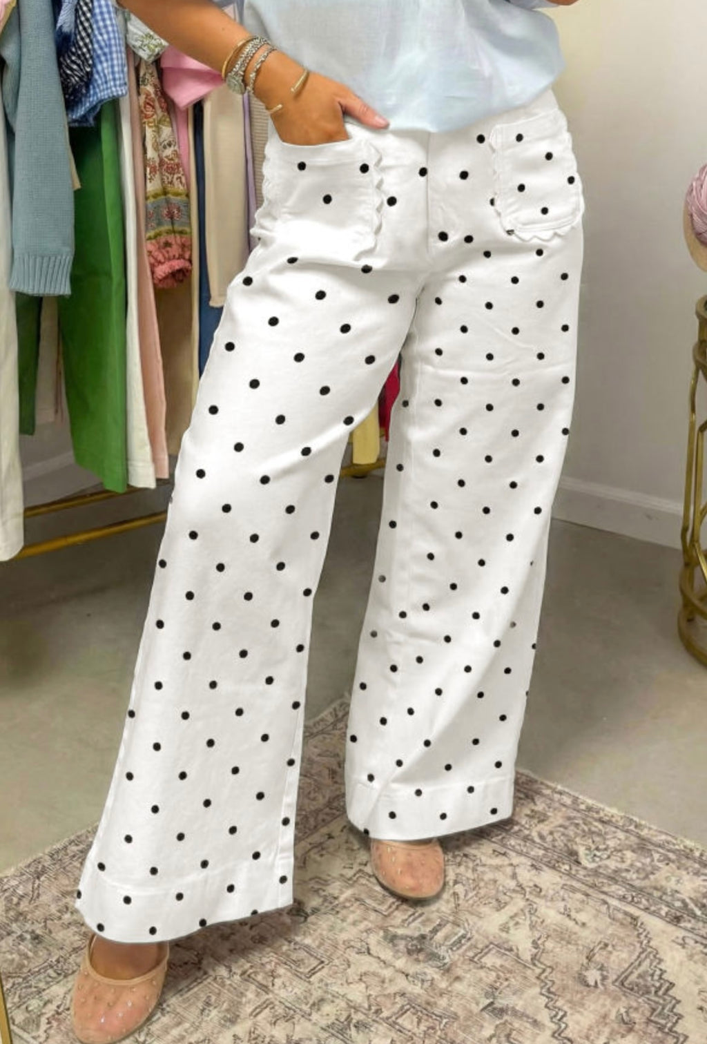 White Polka Dot Scallop Pants