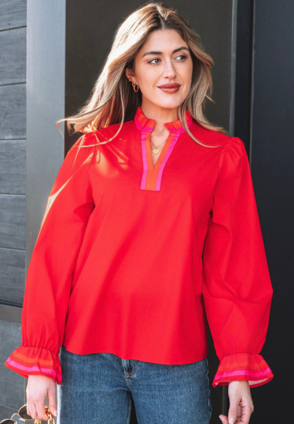 Striped Trim Ruffle Neck Blouse
