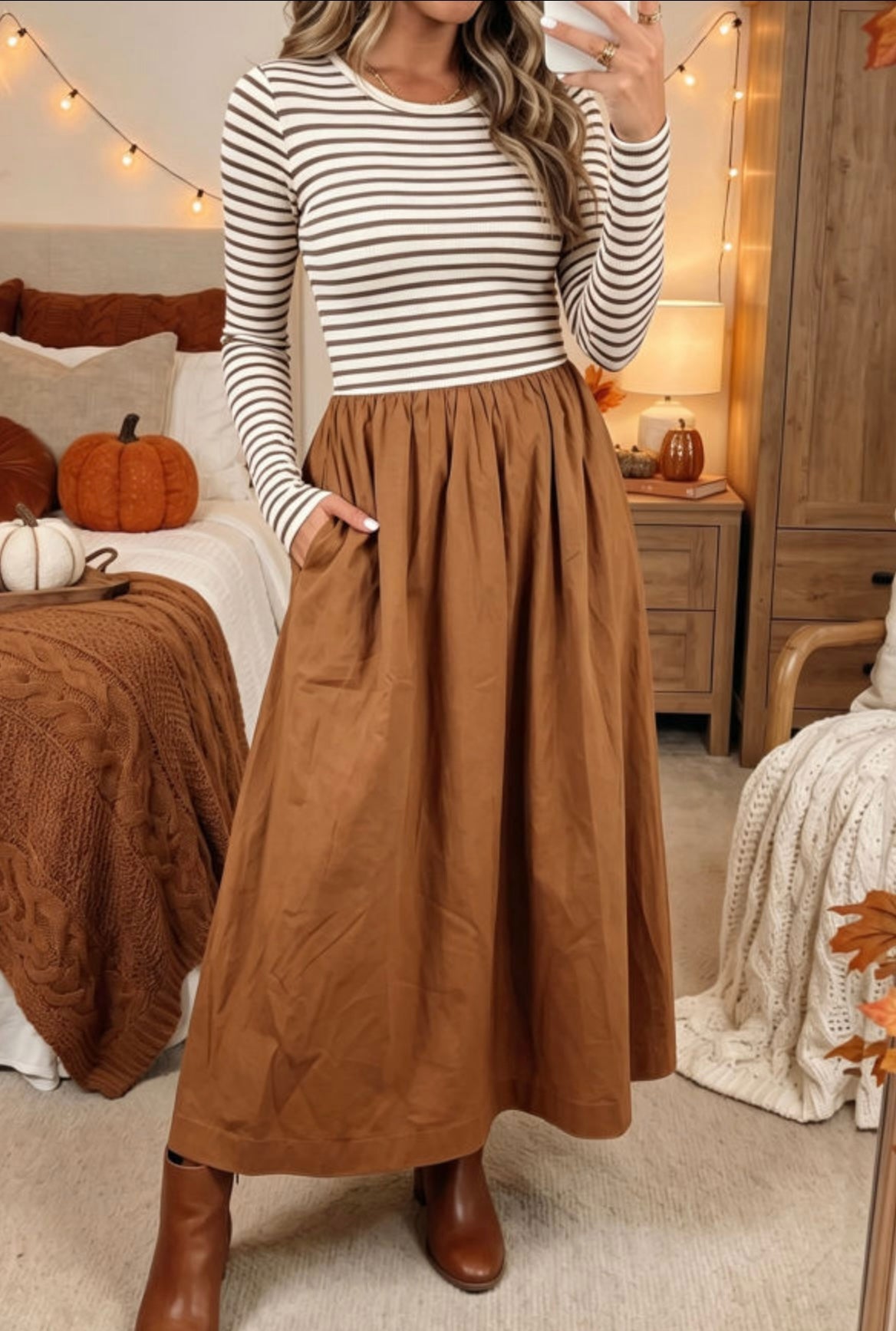 Brown Stripe Ribbed Knit Long Sleeve Contrast Flare Dress