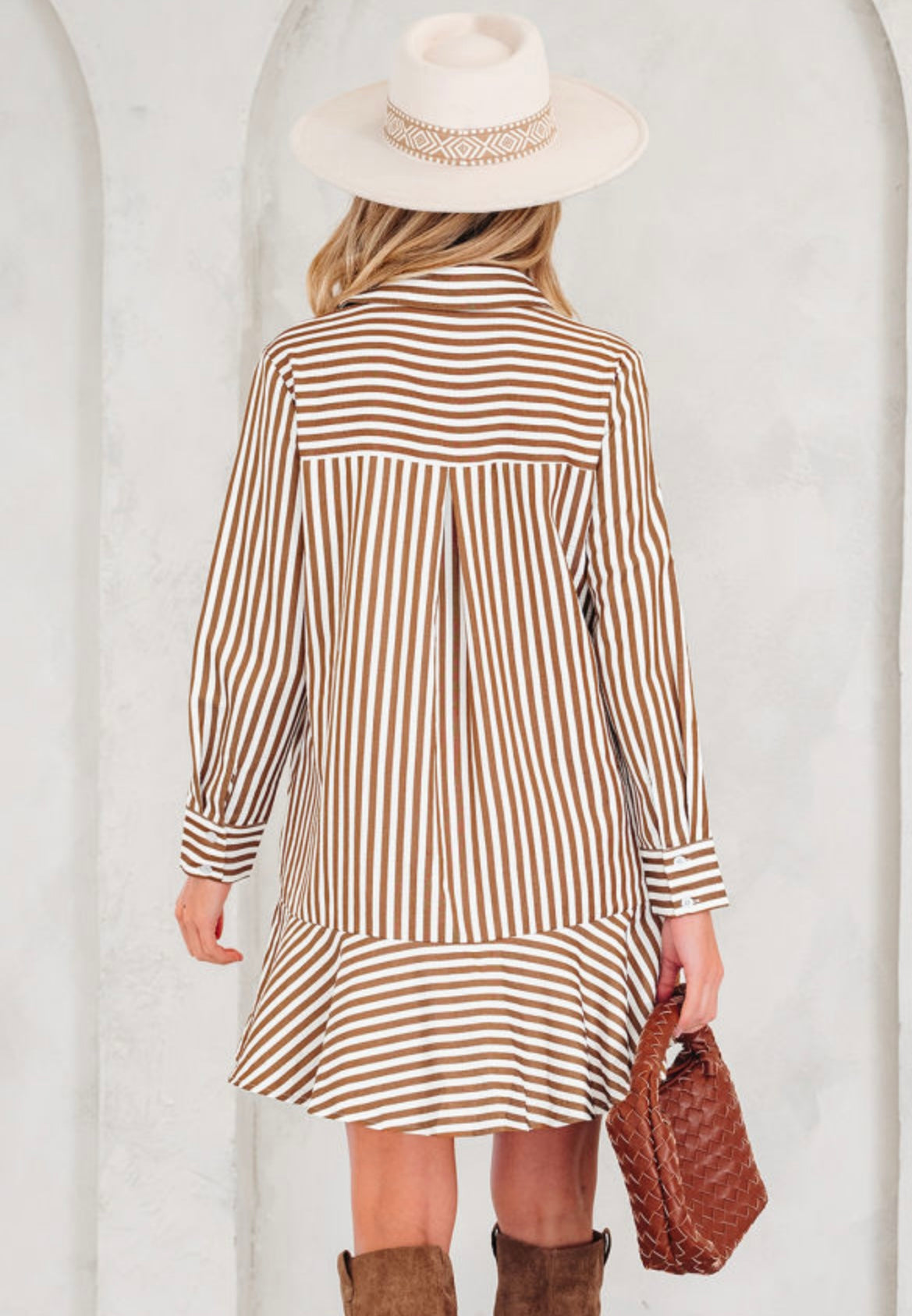 Brown Stripe Ruffled Hem Dress