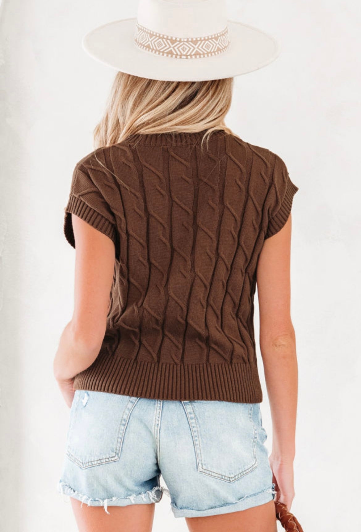 Brown Shorts Sleeve Textured Sweater