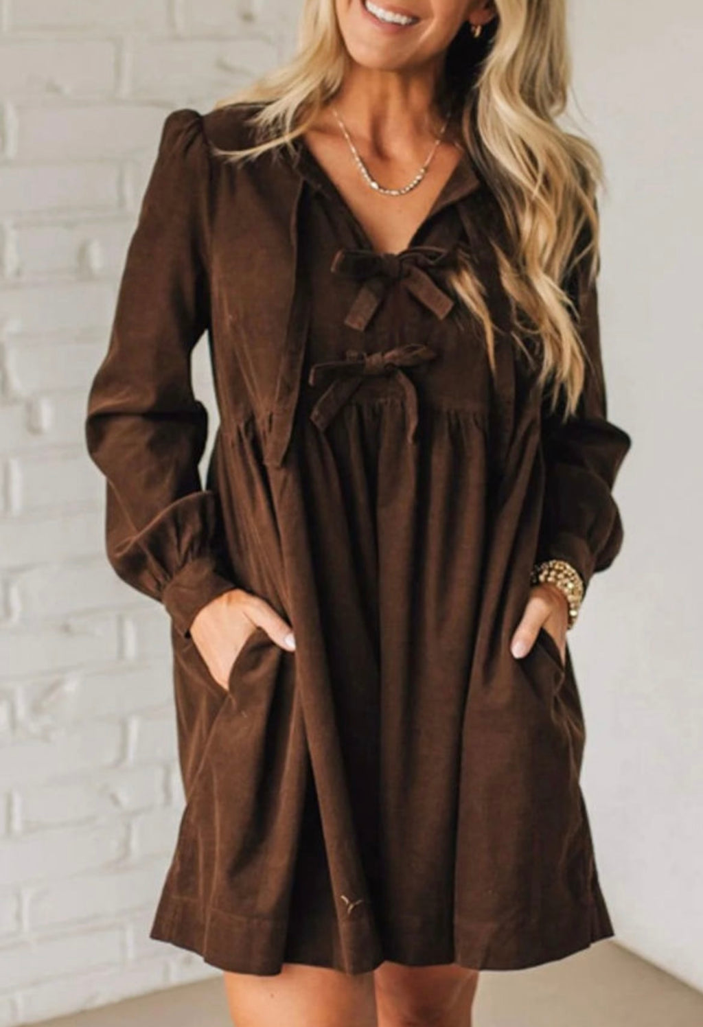 Coffee Bow Knot Front Long Sleeve Corduroy Dress