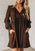 Coffee Bow Knot Front Long Sleeve Corduroy Dress