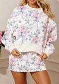 White Floral Print Elastic Waist Skort Set
