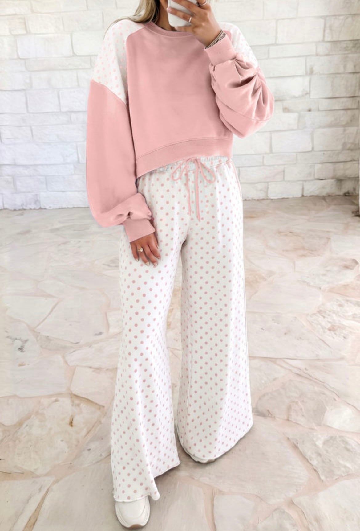 Polka Dot Patchwork Colorblock Long Sleeve Set