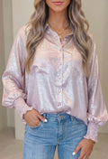 Long Sleeve Button Front Shimmer Top