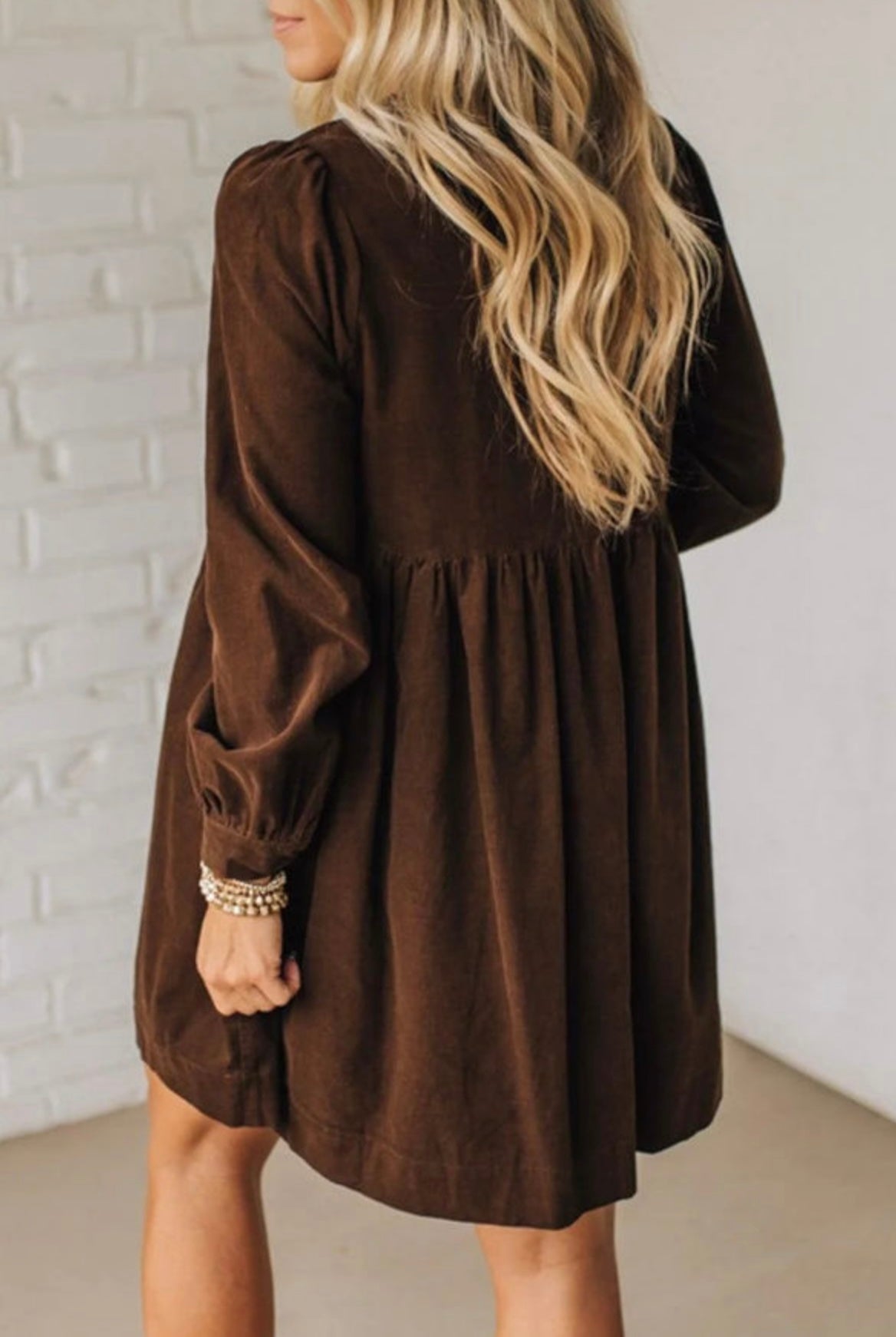Coffee Bow Knot Front Long Sleeve Corduroy Dress