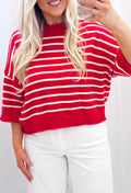 Red Stripe Dropped Shoulder Half Sleeve Relaxed Knit Sweater