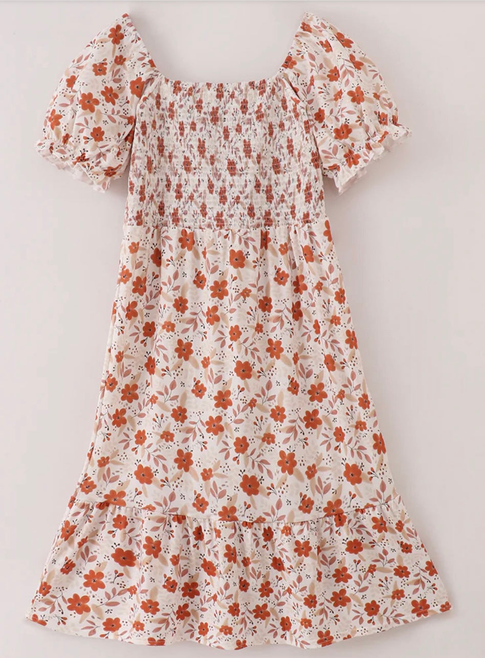 Fall orange floral smocked dress