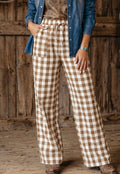 Brown Gingham Plaid Tie Elastic Waist Pants