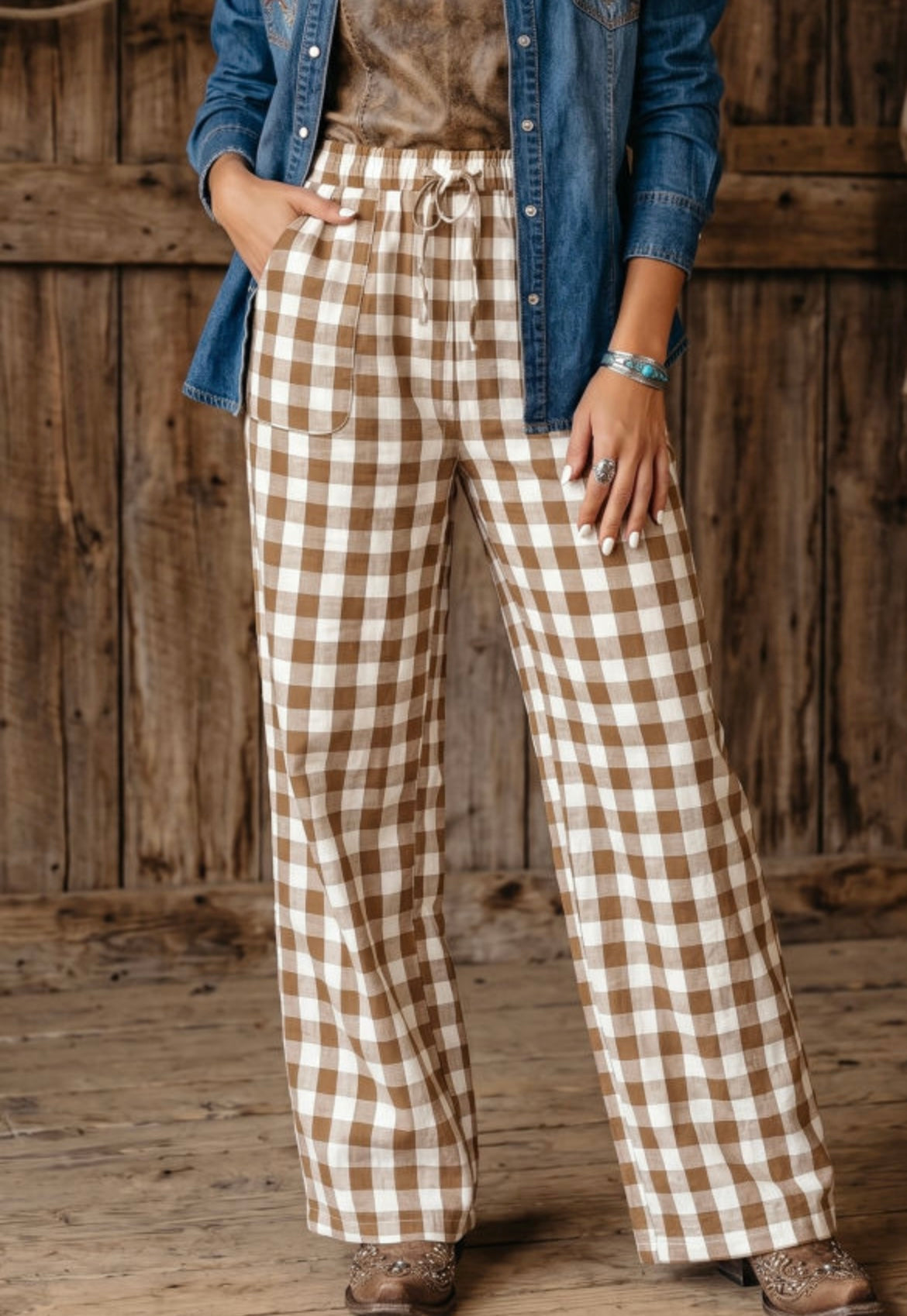 Brown Gingham Plaid Tie Elastic Waist Pants