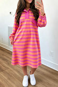 Rose Stripe Long Sleeve Polo Midi Dress