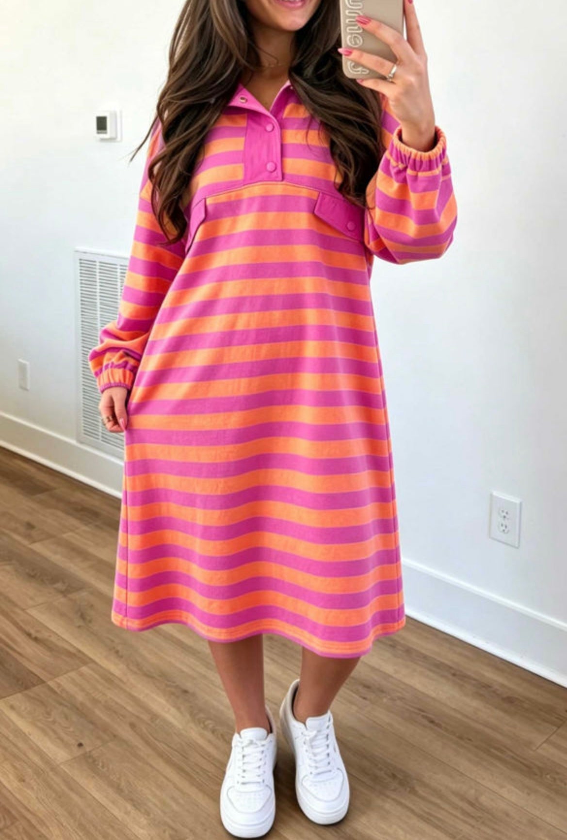Rose Stripe Long Sleeve Polo Midi Dress