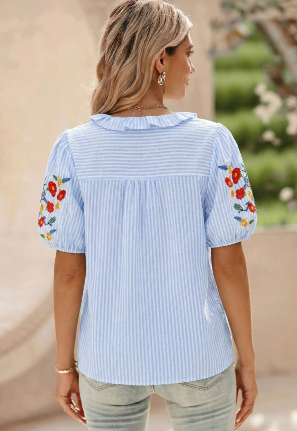 Sky blue ruffle trim embroidered top