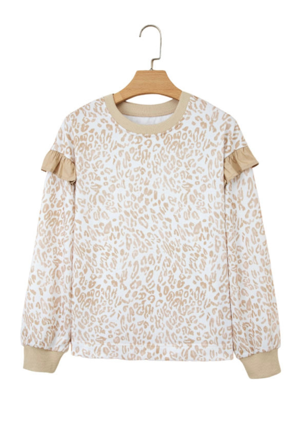 Khaki Leopard Ruffle Ribbed Roundneck Sweatshirt