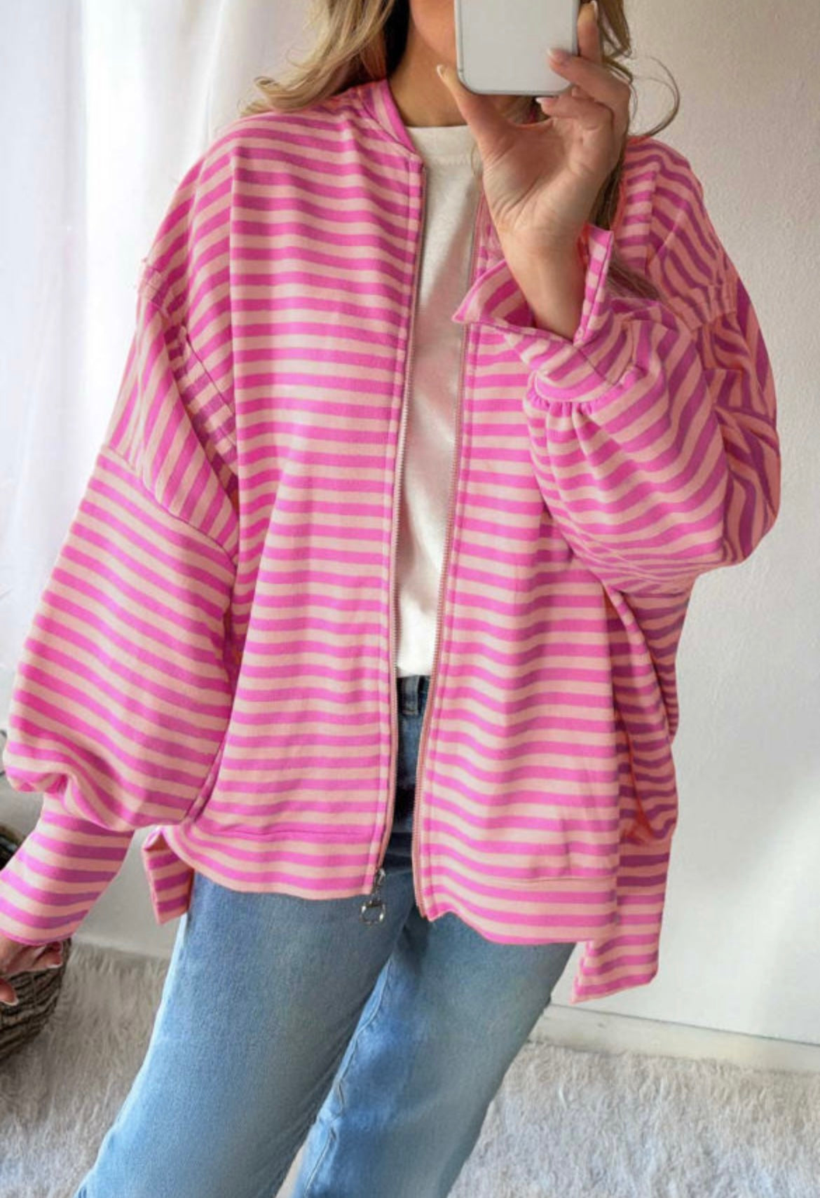 Pink Stripe Zip-up Puff Sleeve Zip Jacket