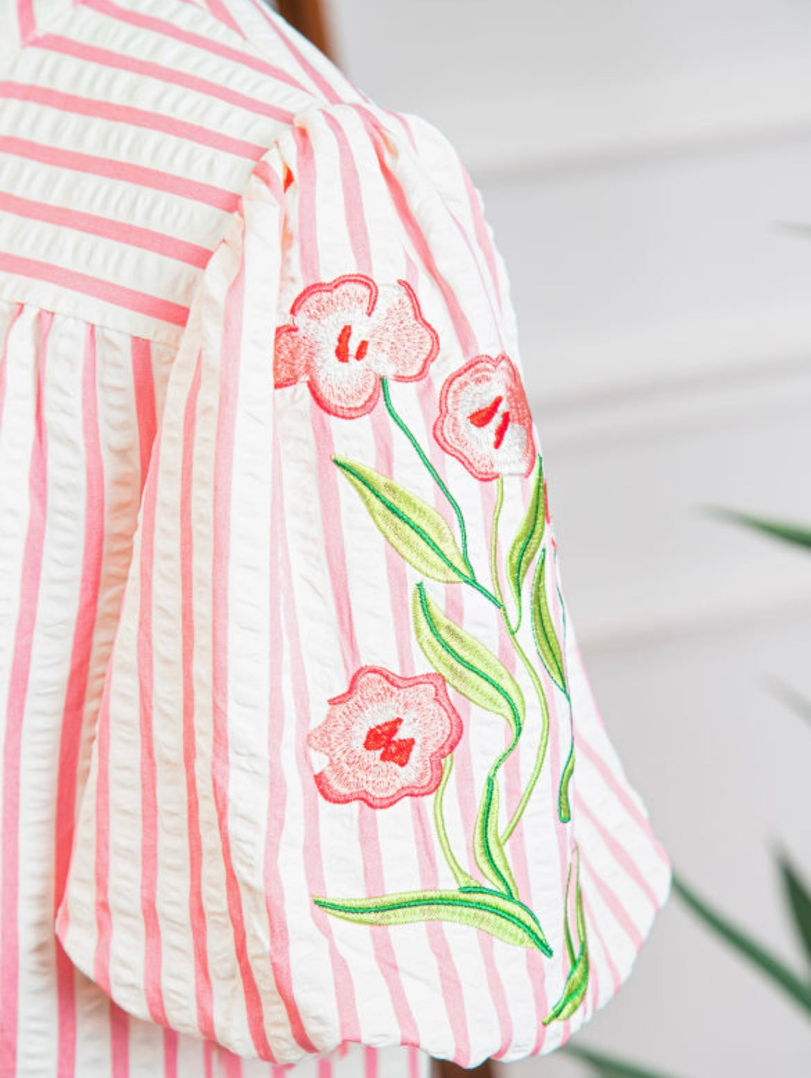 Pink Stripe Embroidered Puff Sleeve Top