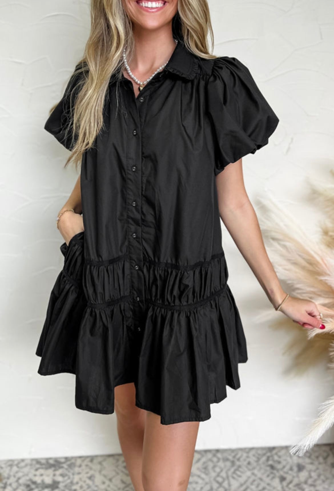 Black Puff Sleeve Button Down Dress