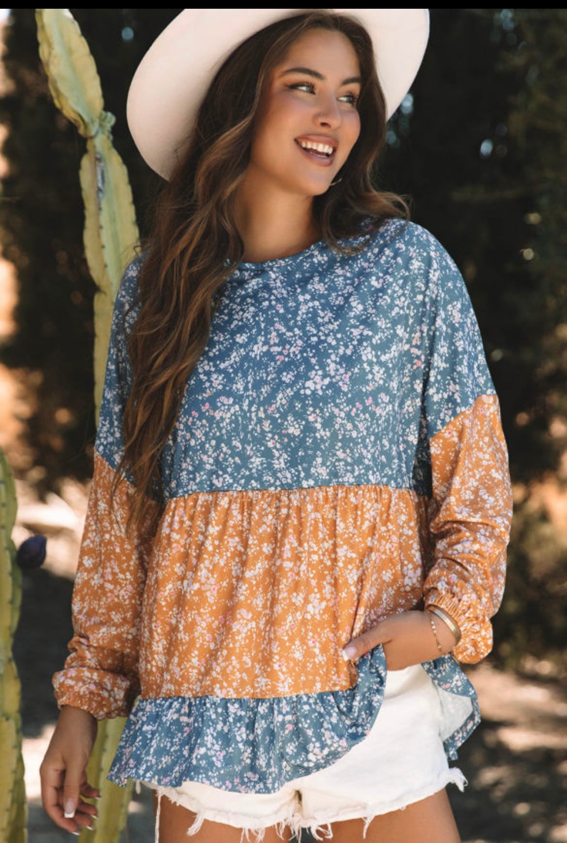 Orange Floral Color Block Top