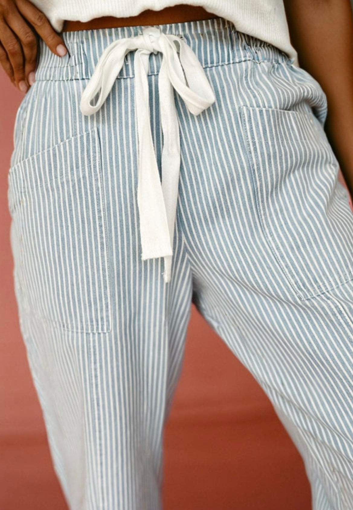 Sky Blue Stripe Mid Rise Drawstring Waist Jeans