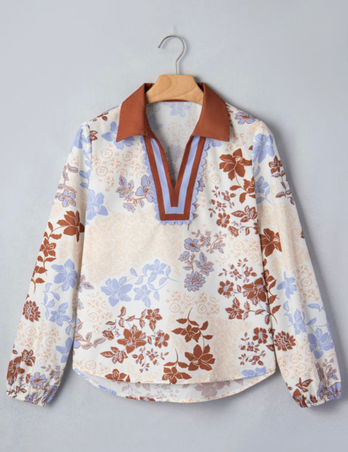 Floral Print Color Block Long Sleeve Blouse