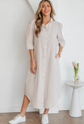 Khaki Stripe Frilled Collar Half Sleeve Maxi Dress