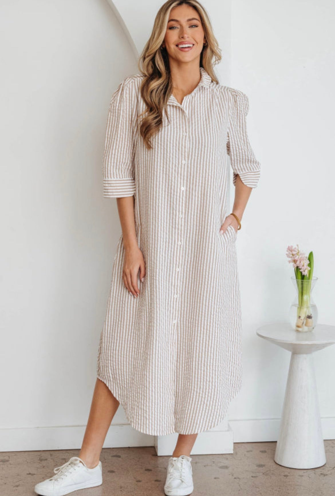 Khaki Stripe Frilled Collar Half Sleeve Maxi Dress
