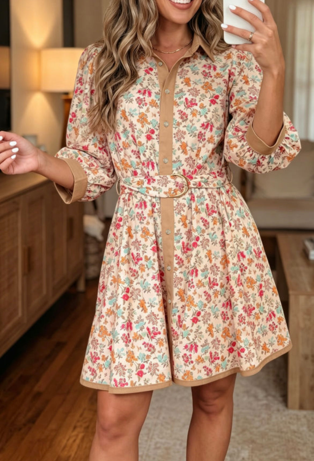 Orange Floral Print Belted Midi Dress