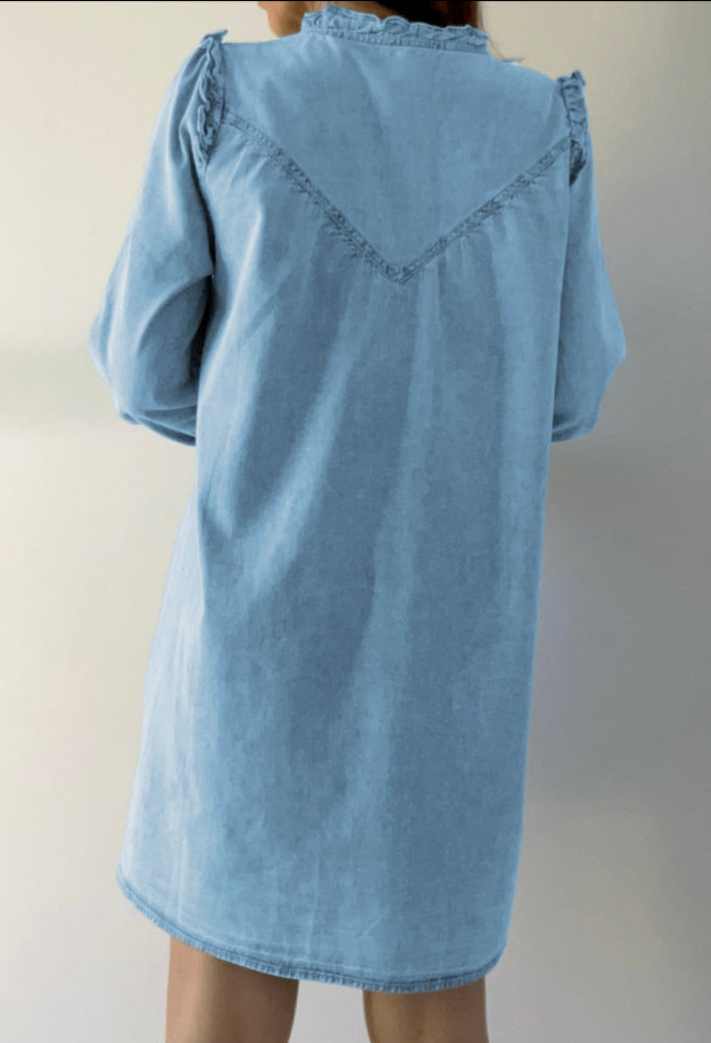 Ruffled V Neck Denim Long Sleeve Dress