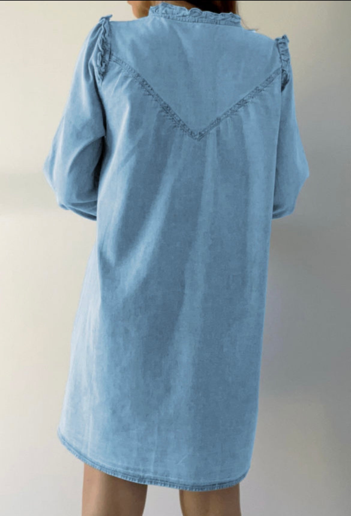 Ruffled V Neck Denim Long Sleeve Dress