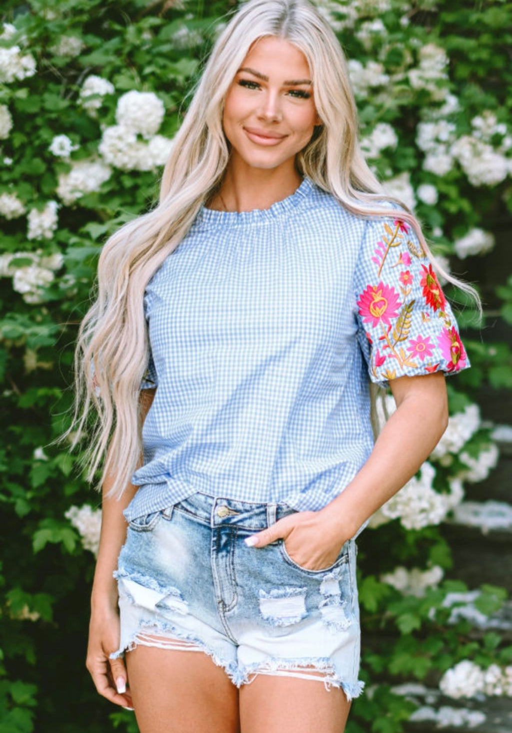 Light blue gingham embroidered top