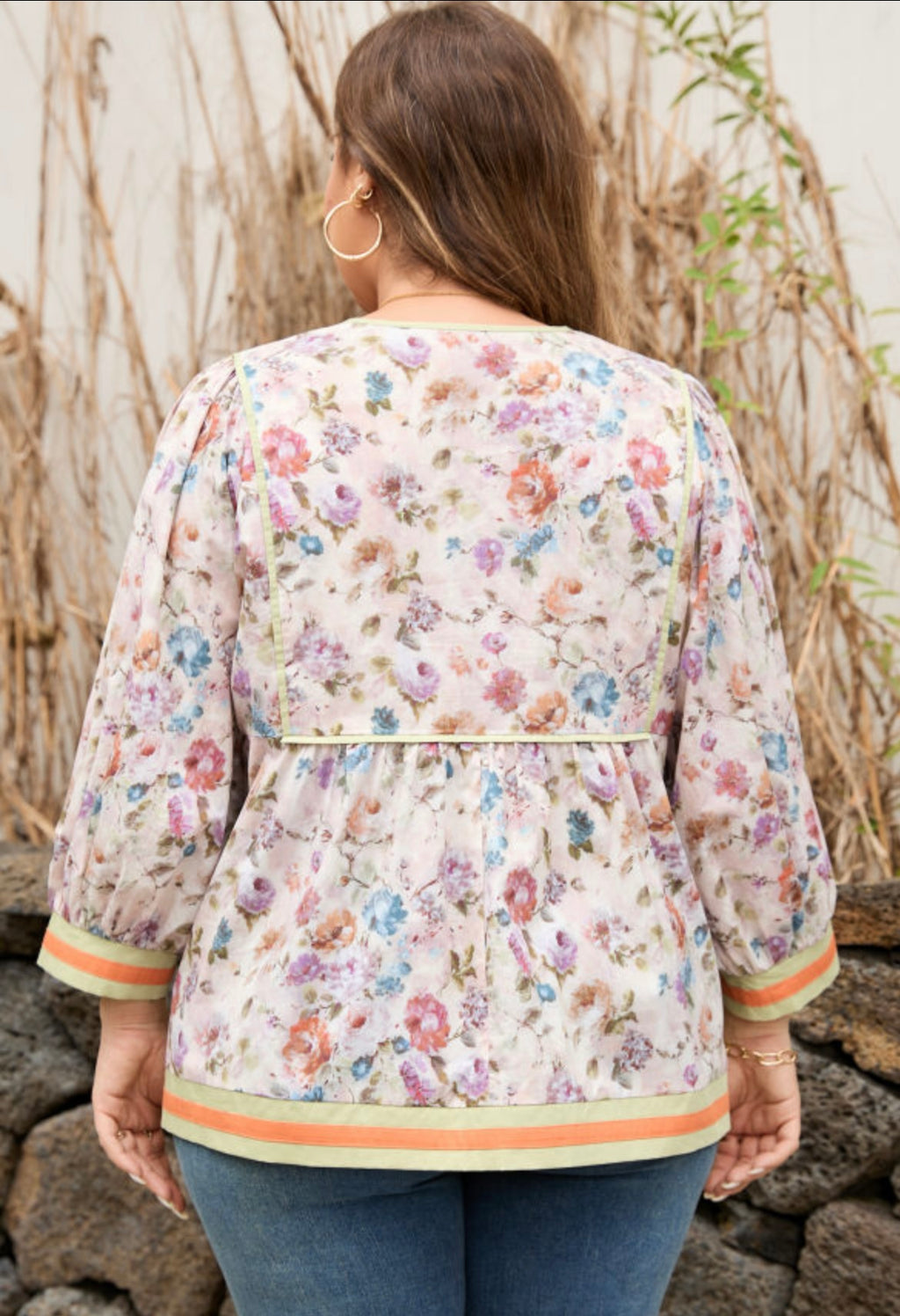 Floral Print Contrast Sleeve Top
