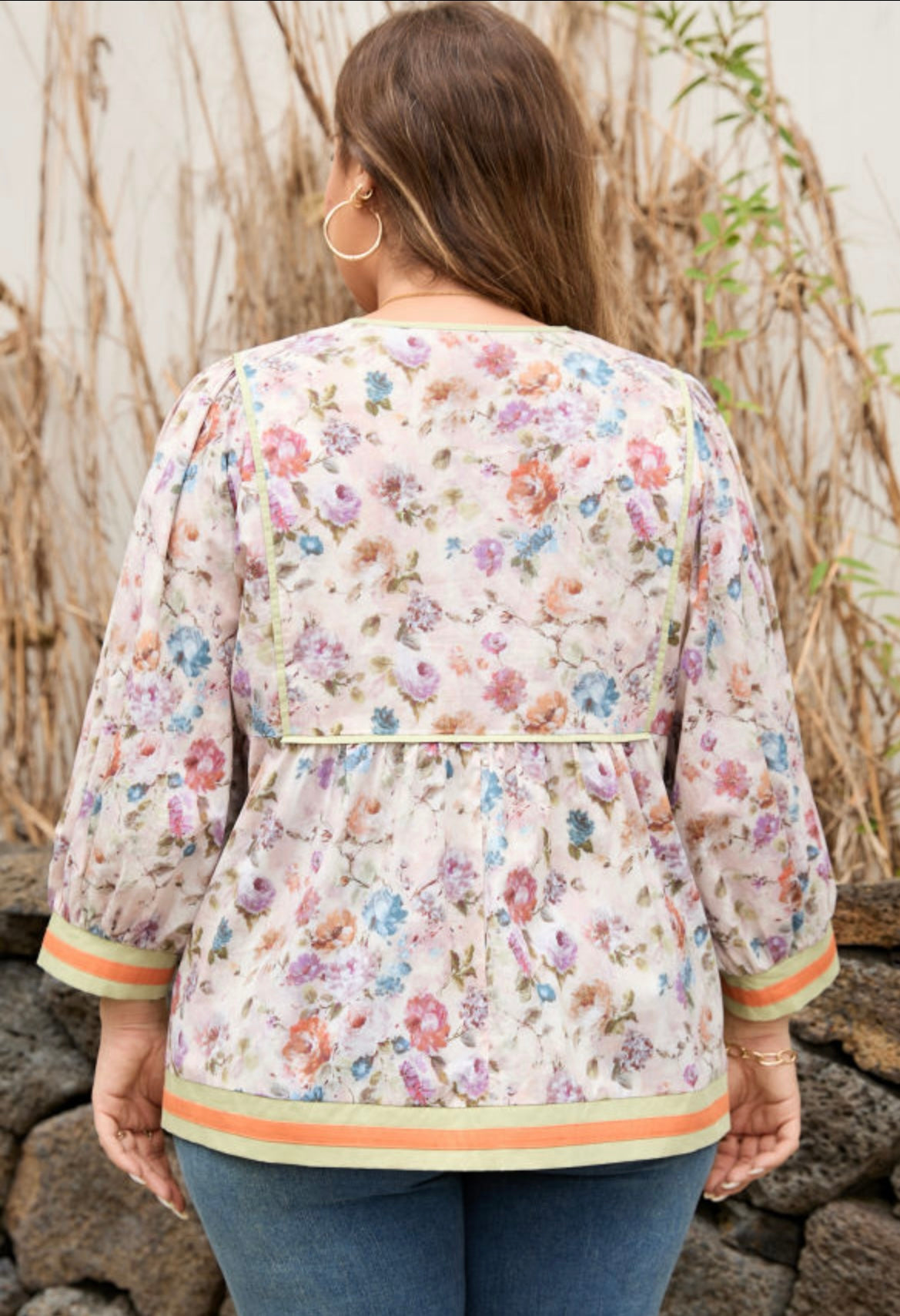 Floral Print Contrast Sleeve Top