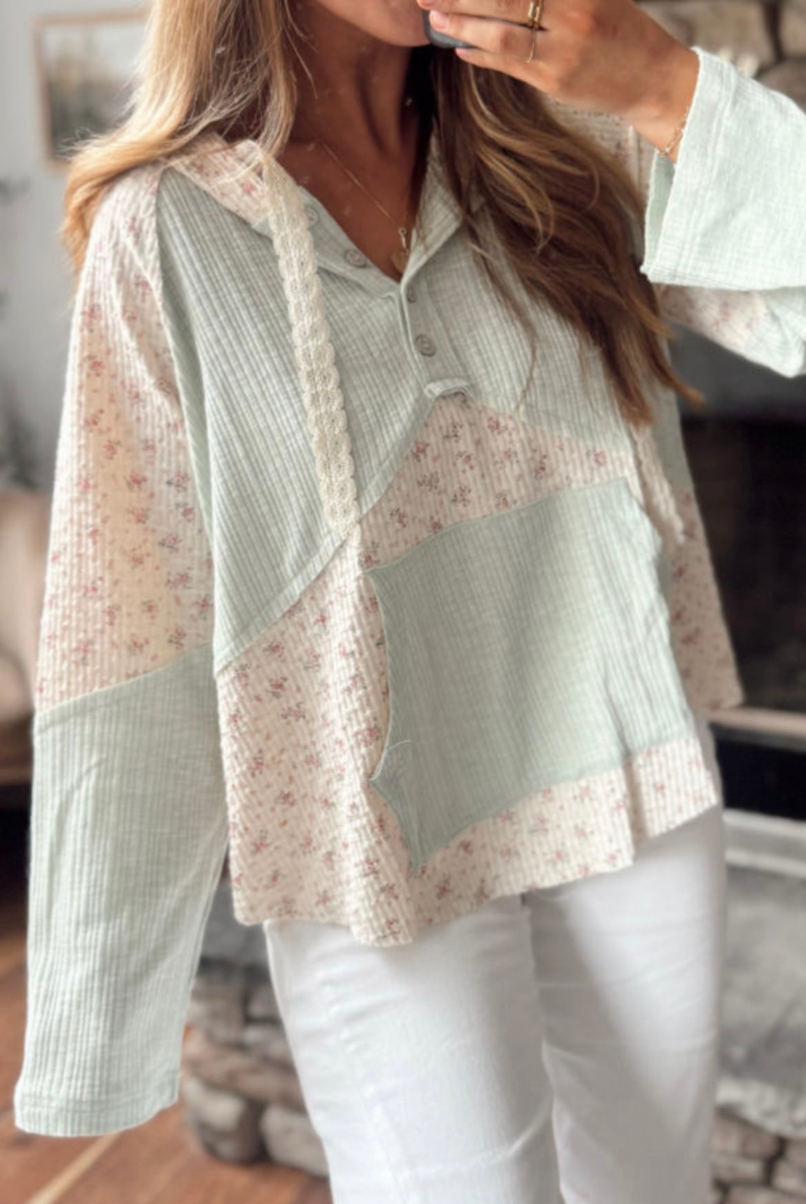 Button Hoodie Long Sleeve Top