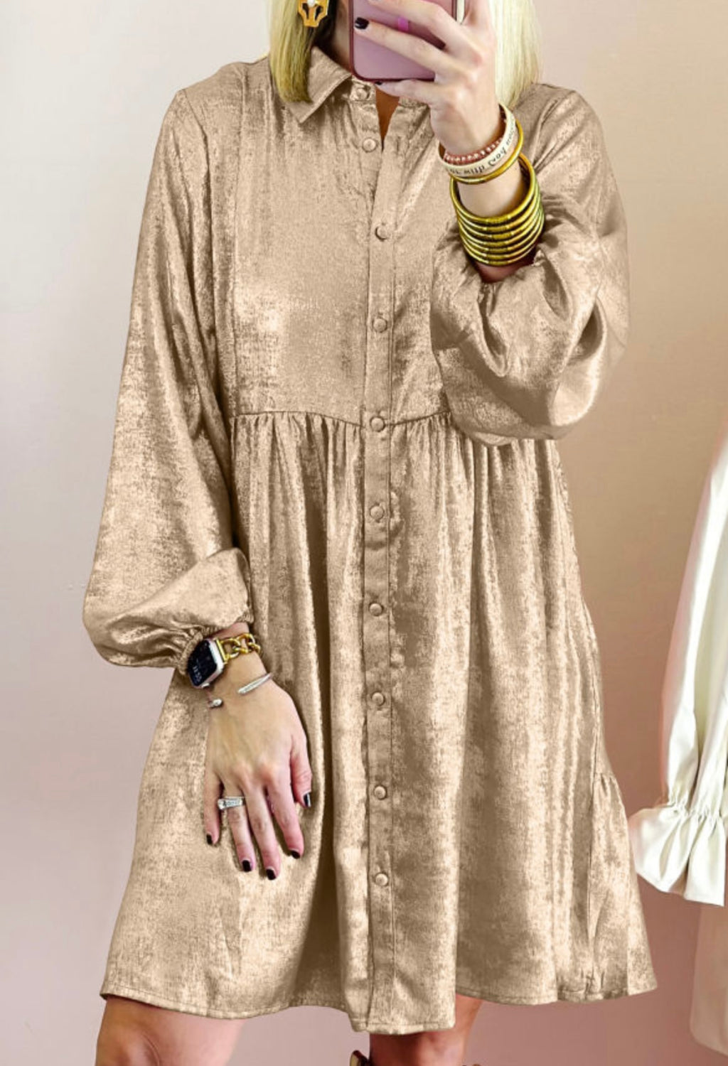 Gold Metallic Button Up Dress