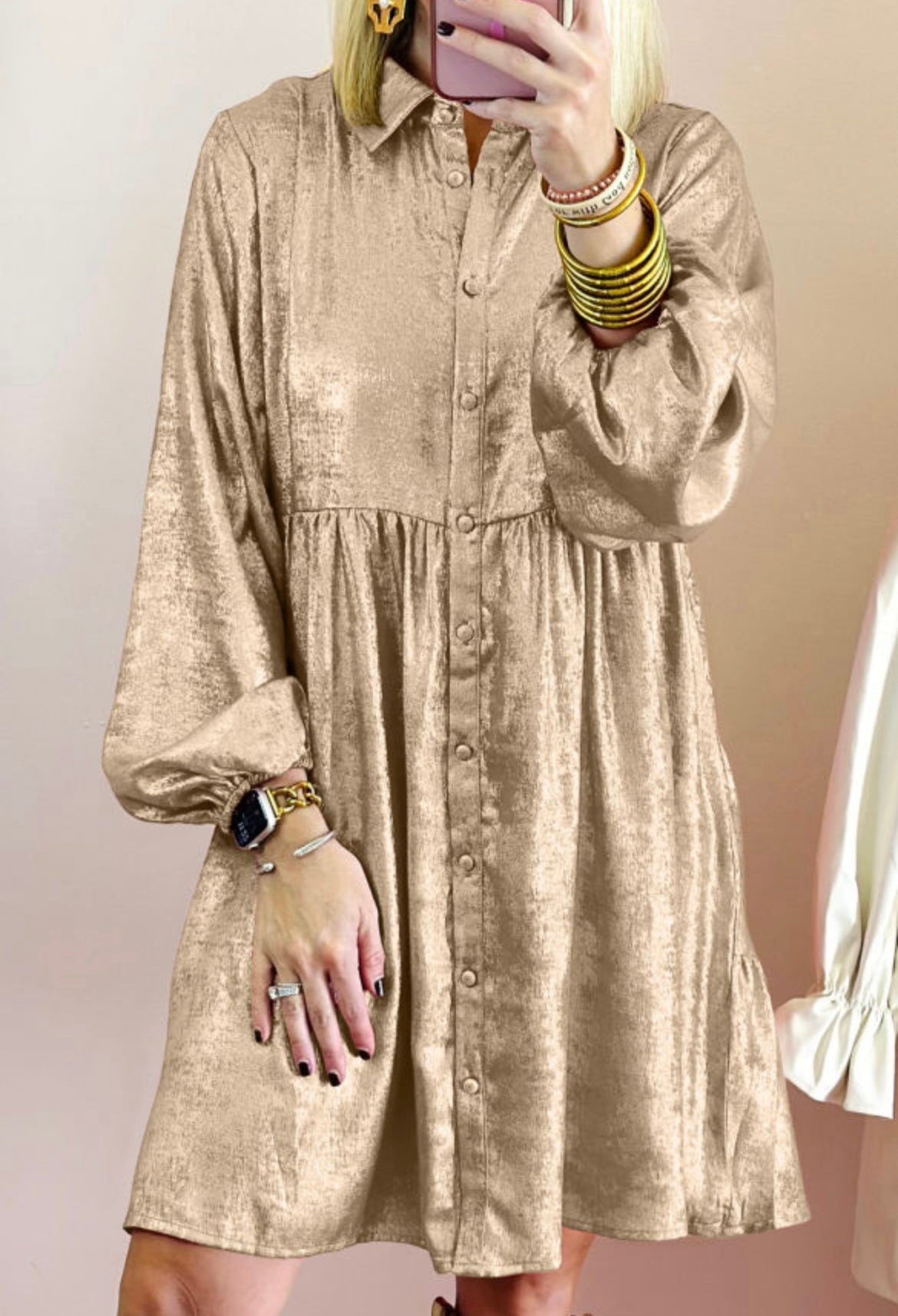 Gold Metallic Button Up Dress