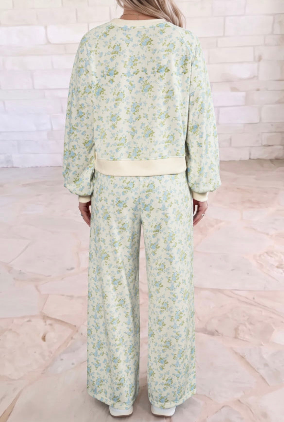 Sky Blue Floral Wide Leg Pants Set