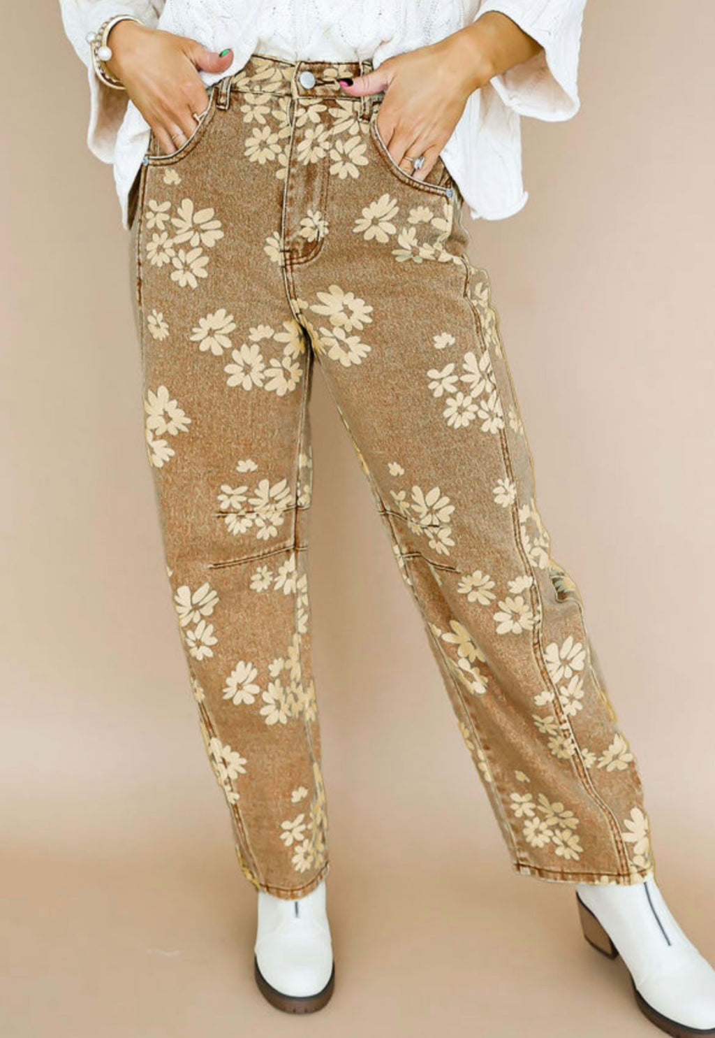 Khaki Floral Print Straight Leg Jeans