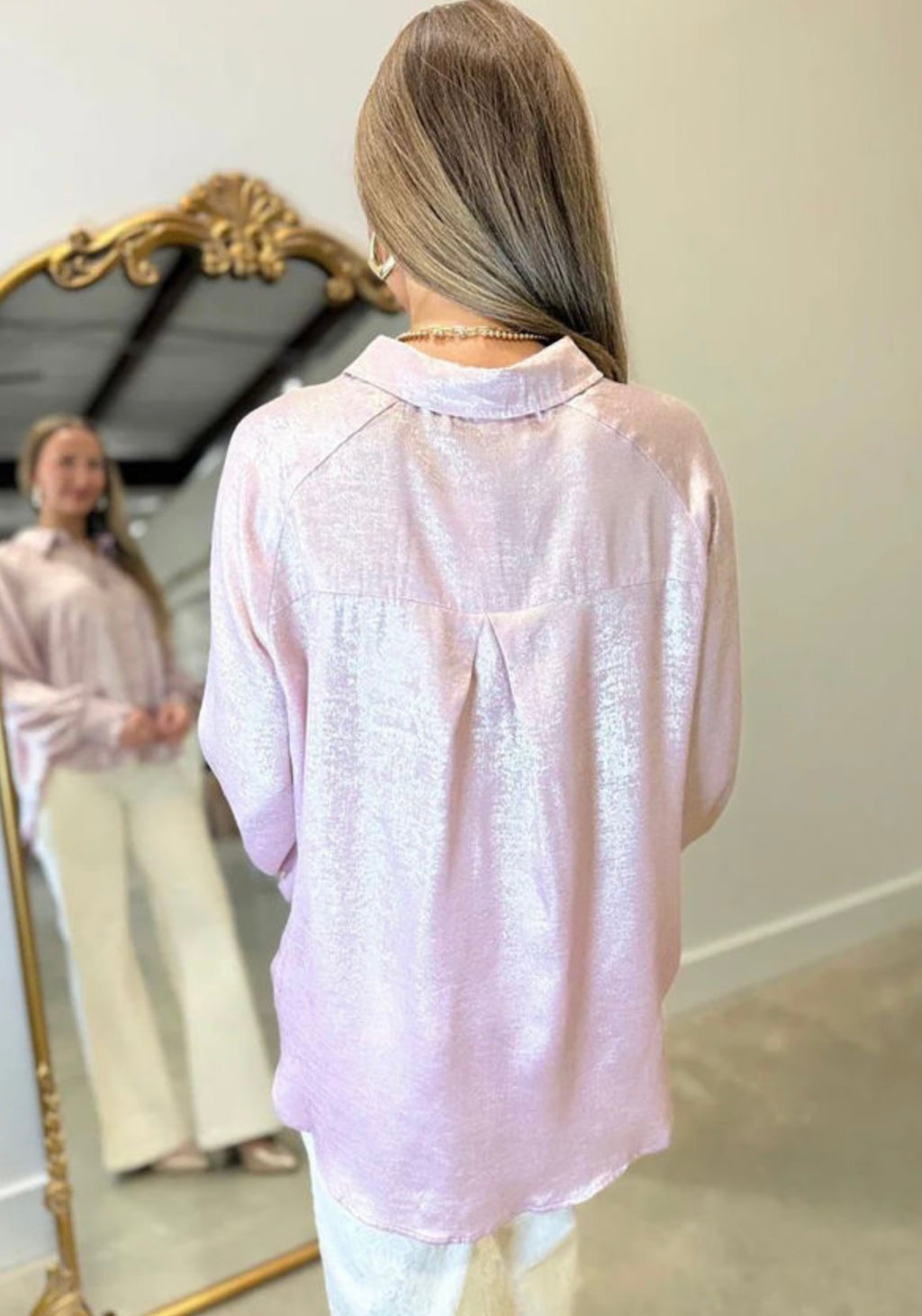 Long Sleeve Button Front Shimmer Top