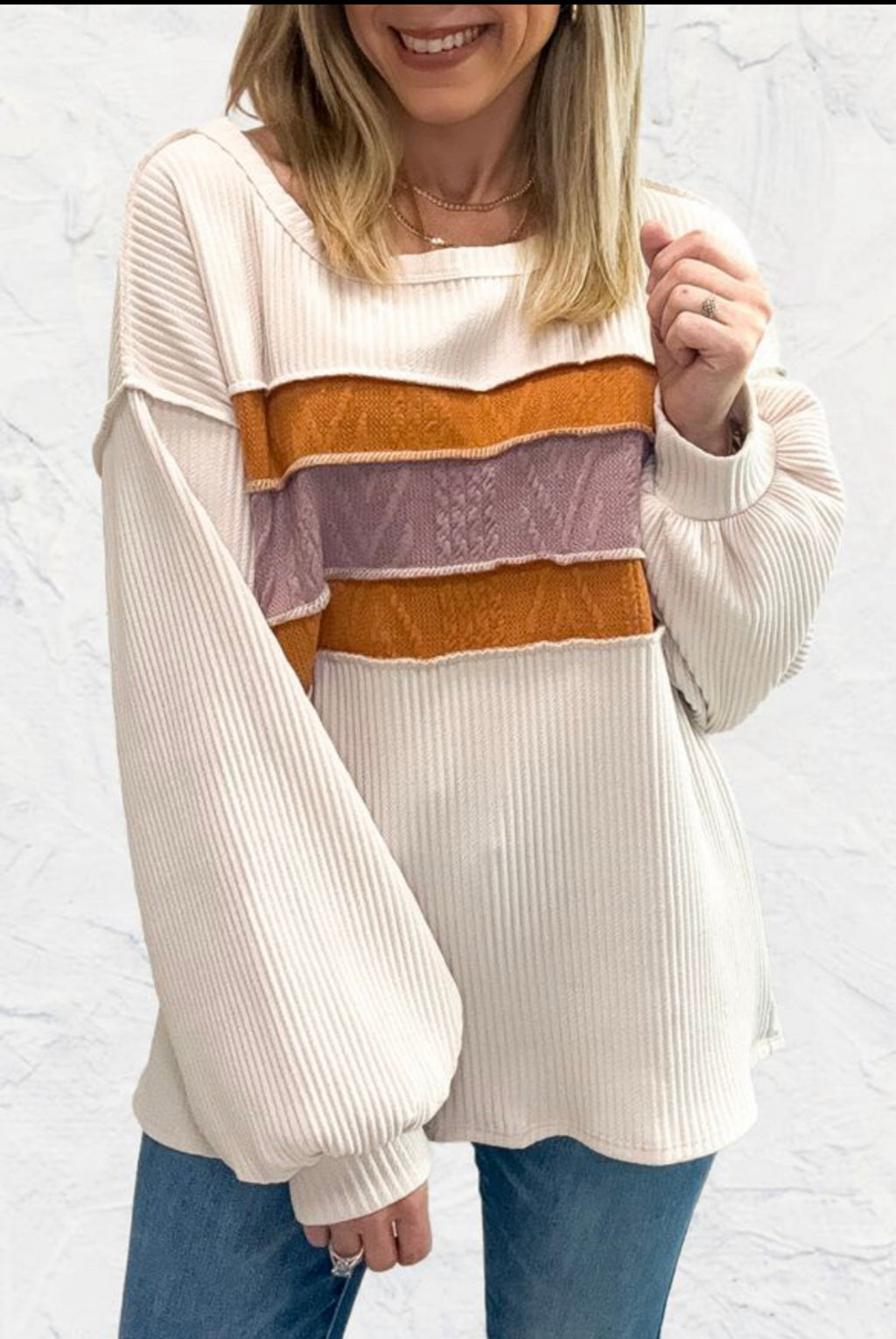 White Corded Exposed Seam Knit Patchwork Top