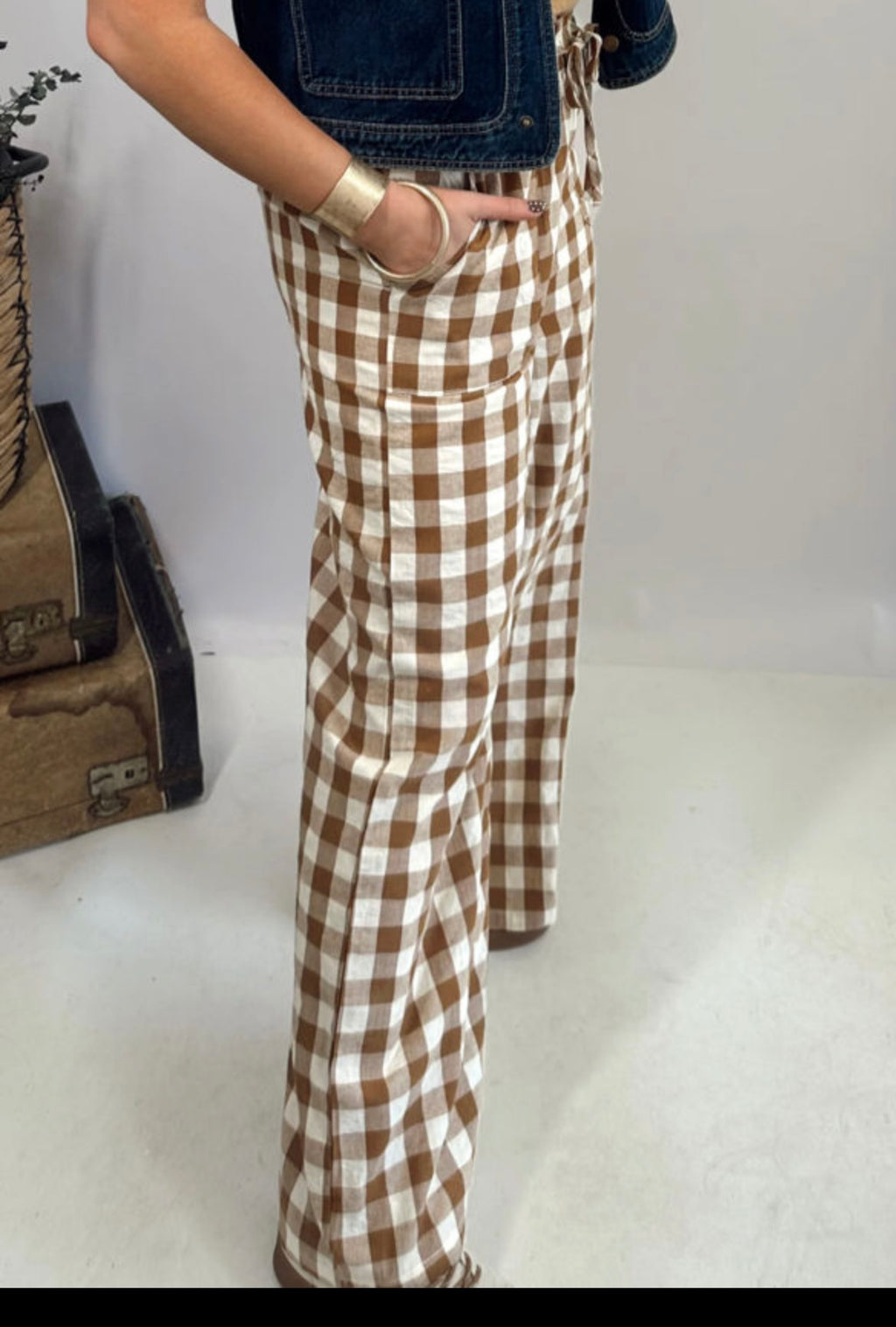 Brown Gingham Plaid Tie Elastic Waist Pants