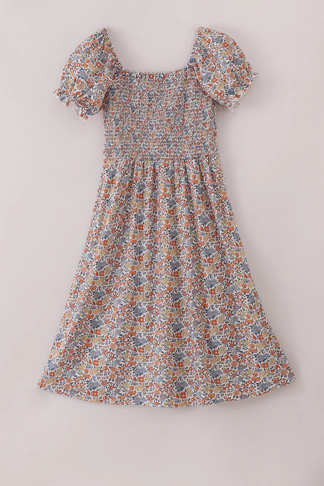 Fall floral print smocked Dress