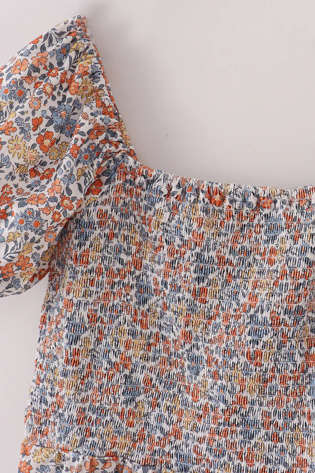 Fall floral print smocked Dress