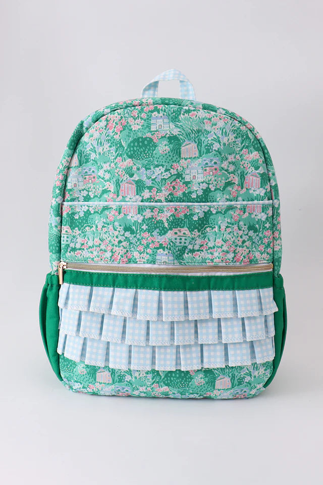 Green floral ruffle backpack