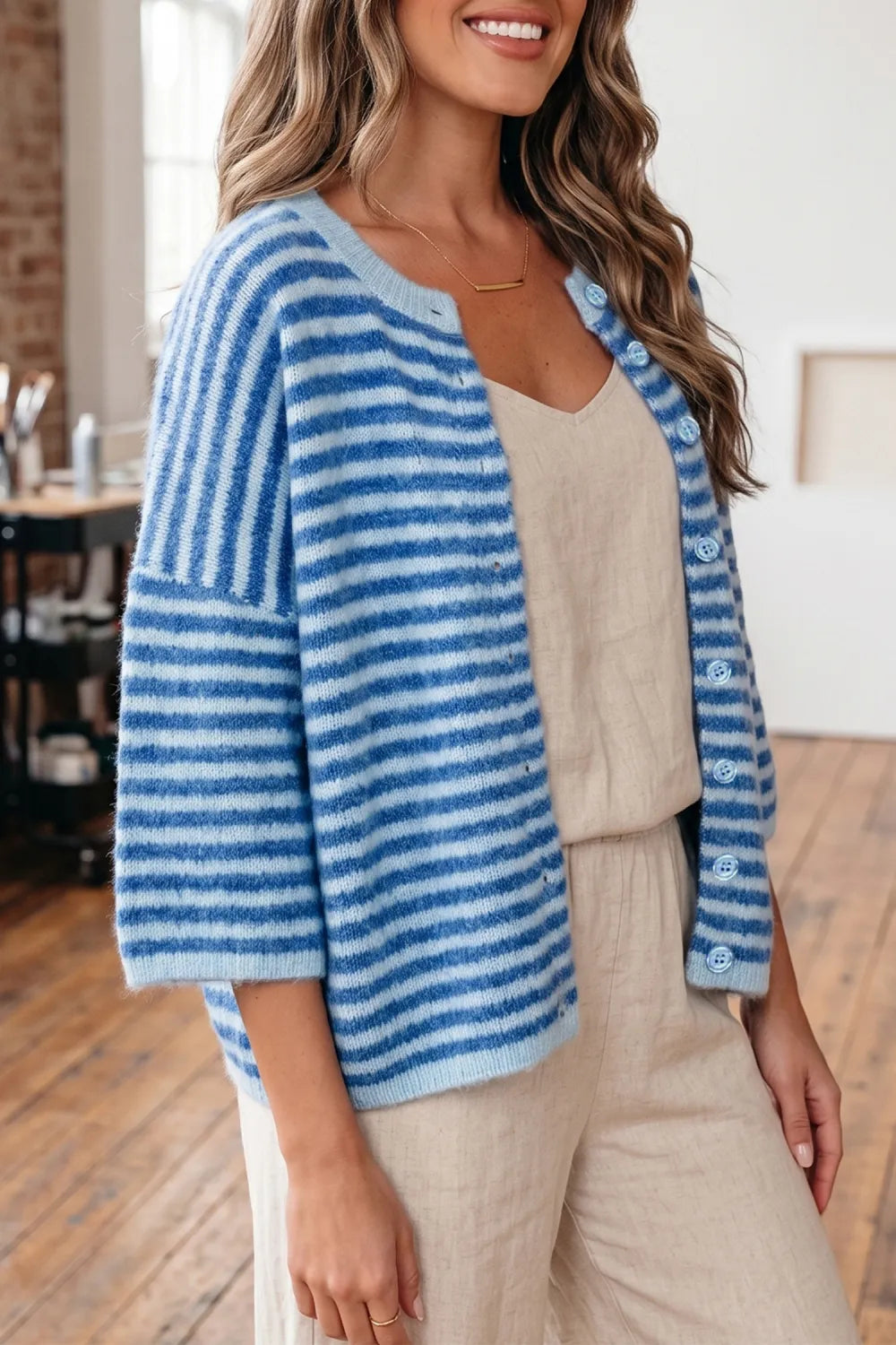 Blue Stripe Loose Half Sleeve Knit Button Down Sweater Cardigan