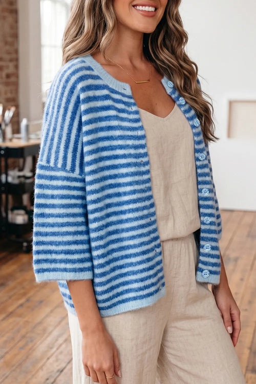 Blue Stripe Loose Half Sleeve Knit Button Down Sweater Cardigan